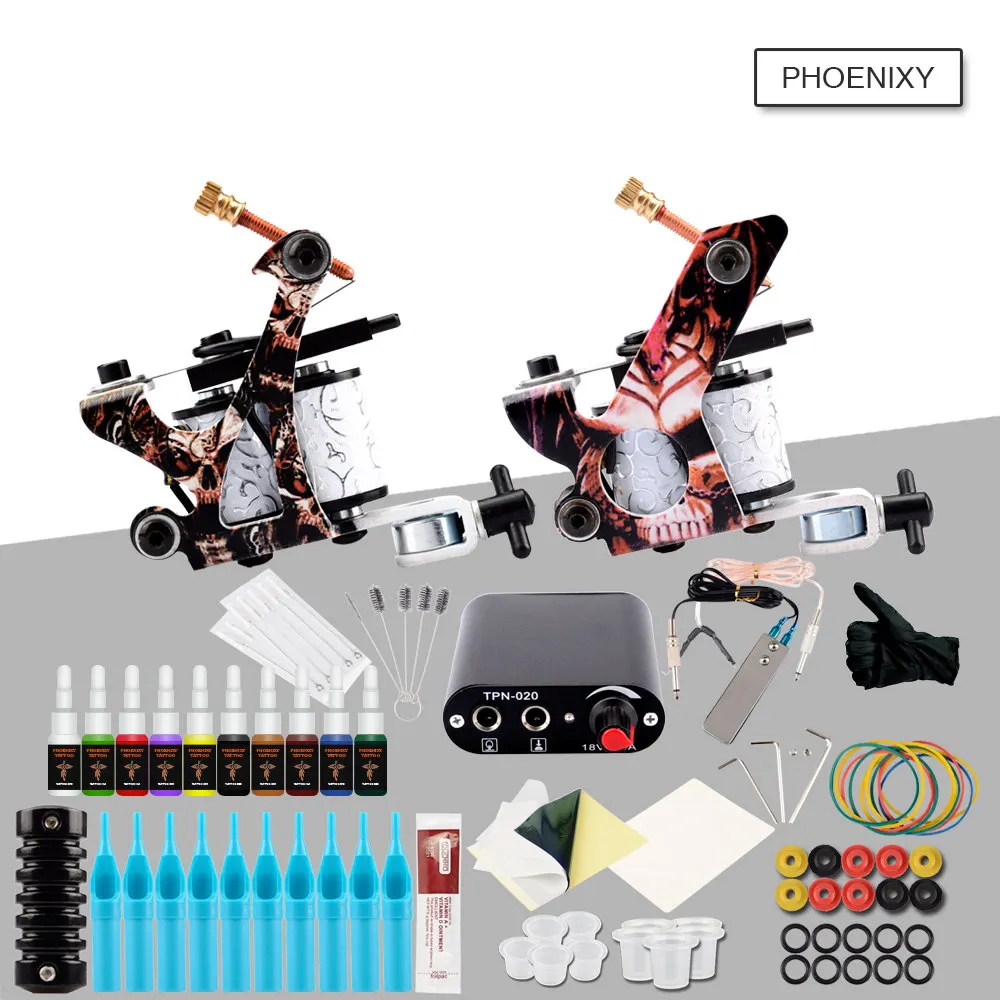 

Complete Tattoo Kit Two Machine Set Black Power Supply Needles Permanent Makeup Professional Tattoo Kit Set 20Pcs Inks Make up