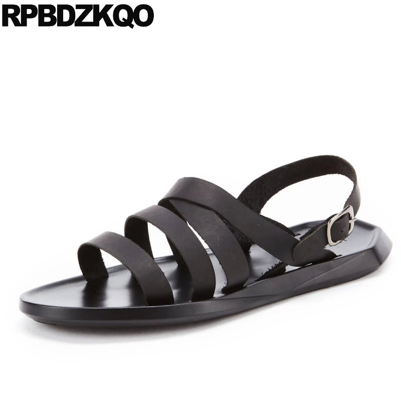 

Strap Flat Roman Black Sneakers Runway Casual Beach Shoes Open Toe Genuine Leather 2018 Fashion Men Gladiator Sandals Summer