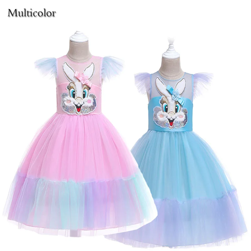 Летние вечерние платья принцессы с короткими рукавами для девочек, одежда для малышей, От 2 до 9 лет платье-пачка для девочек на день рождения с рисунком кролика и цветов