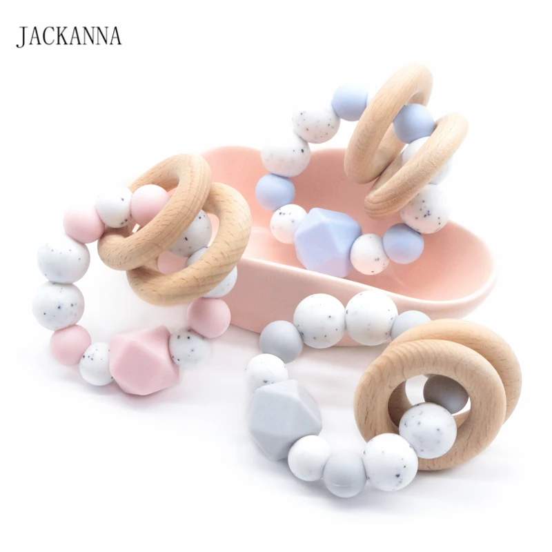 

Handmade Baby Nursing Bracelets Silicone Rattle Wood Ring Teether Baby Teething Toys Chewable Bracelet Nursing Gifts BPA FREE