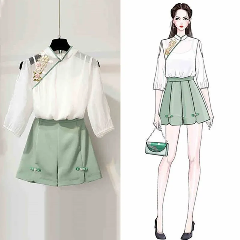 

Women Chinese Style Embroidery Shirts+Shorts 2 Piece Set Casual Floral Tops And Shorts Matching Sets Casual Wide Leg Shorts Set