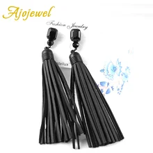 Ajojewel Trendy Vintage Black Glass Crystal Long Tassel Designer Handmade Red / Leather Earrings For Women
