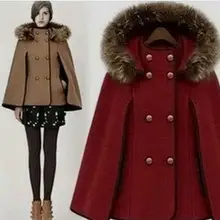 XS-XXL Осень Зима Женское шерстяное пальто двубортная куртка большого размера с меховым капюшоном шерстяное пальто пончо Женское пальто верхняя одежда