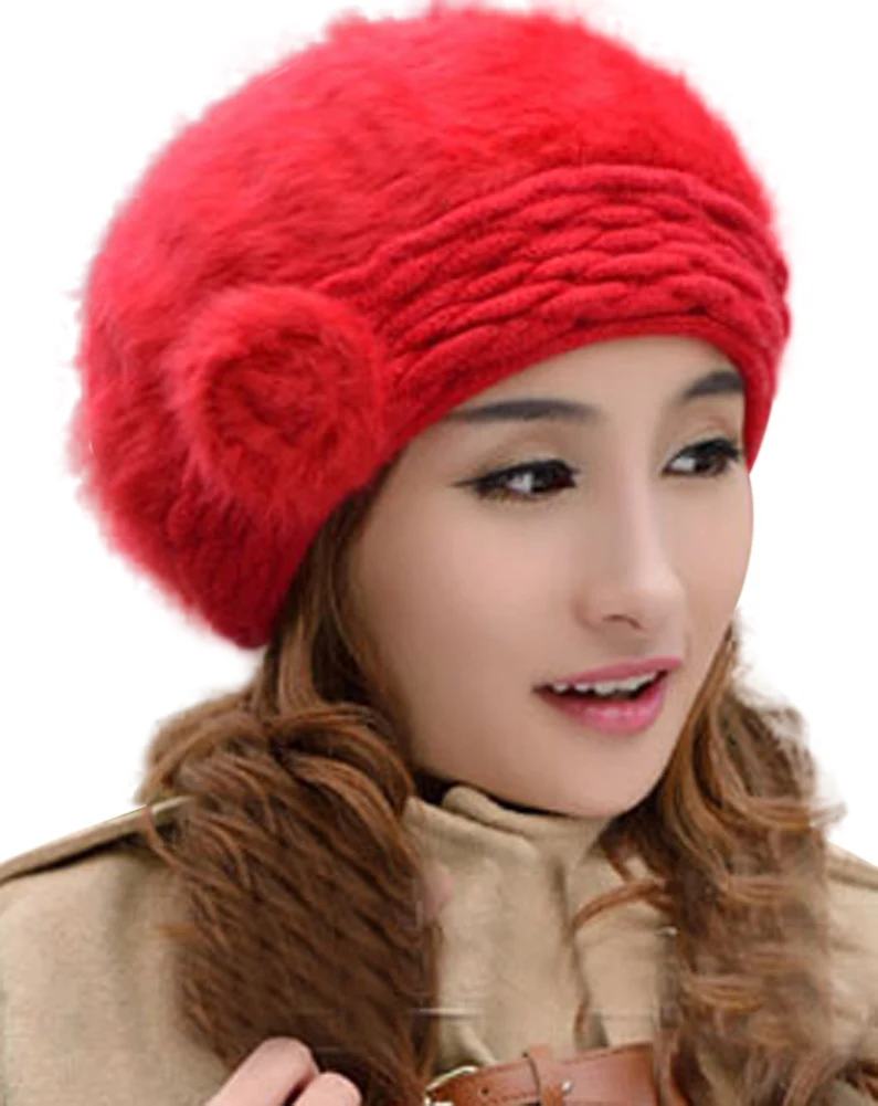 Женская зимняя теплая Стильная защитная шапка с ушками, теплые шерстяные шапки из кроличьей шерсти, вязаный берет с цветком