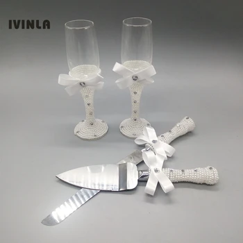 

1 Set wedding pearl Champagne Toasting Glasses +pearl Cake knife Wedding Bridal Shower Gift For Wedding decoration