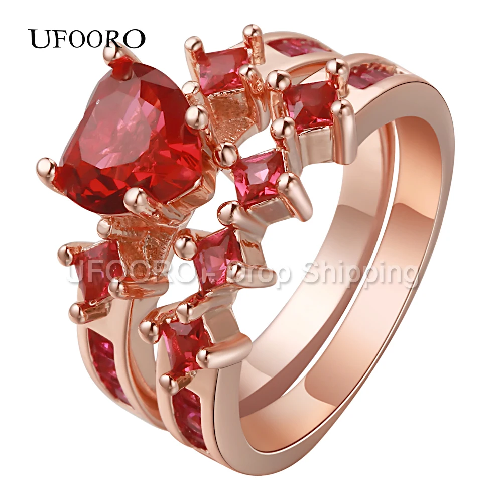 

UFOORO Luxury Double Rings Set AAA Red CZ Stone Wedding Engagement Ring Set Fashion Women Jewelry Free Shipping