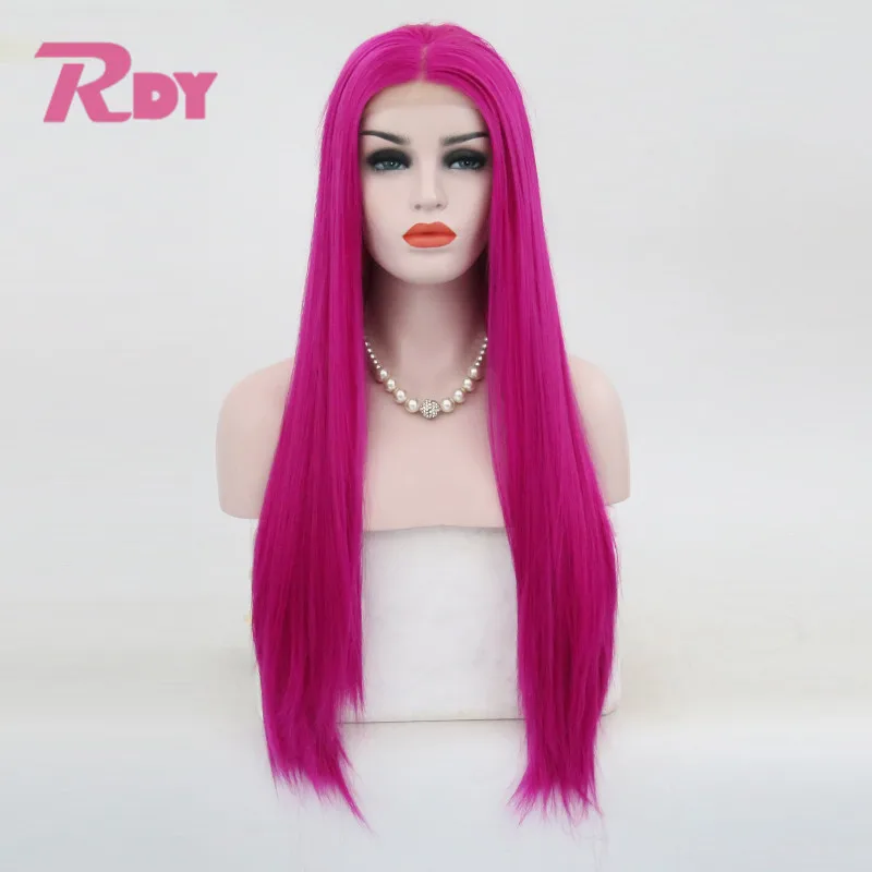 

RONGDUOYI Heat Resistant Hair Pink Color Synthetic Lace Front Wig For Women Middle Part Hand Tied Long Silky Straight Lace Wig