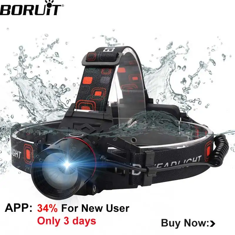 BORUiT 1000LM XML-T6 светодиодный налобный фонарь 3-Mode Zoomable фара Использование 18650 батарея налобный фонарь водостойкий фонарик для рыбалки и походов