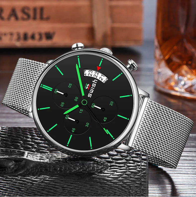 SWISH, мужские часы, кварцевые часы, мужские спортивные водонепроницаемые наручные часы, люксовый бренд, мужские наручные часы из нержавеющей стали, 3 цвета - Цвет: Silver Black