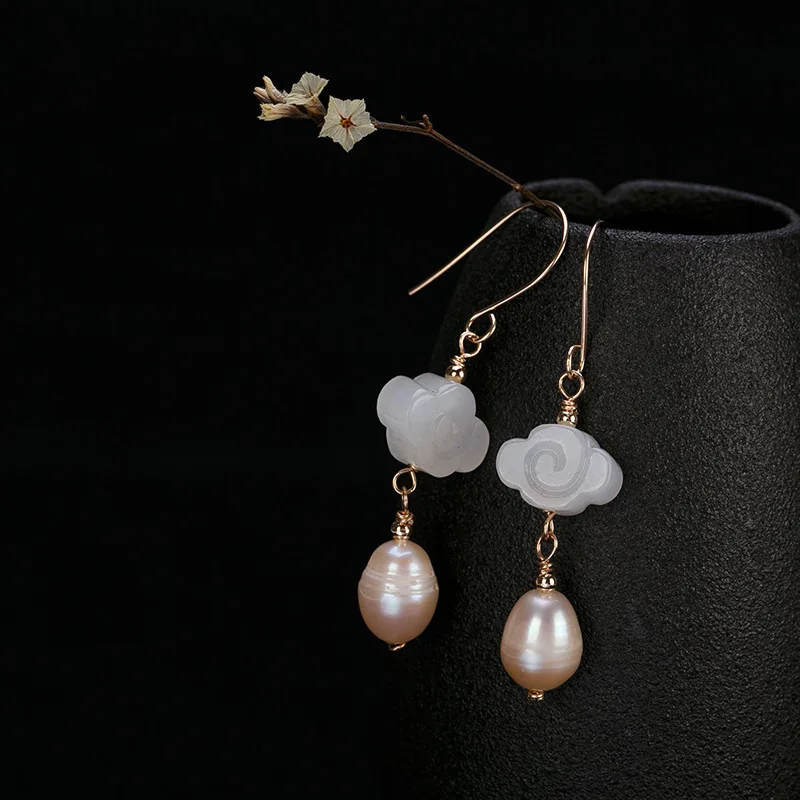 

s925 Silver Natural Hotan Yuxiangyun Pearl Ear Drop Retro Personality High-end Women's Earrings Jewelry new style