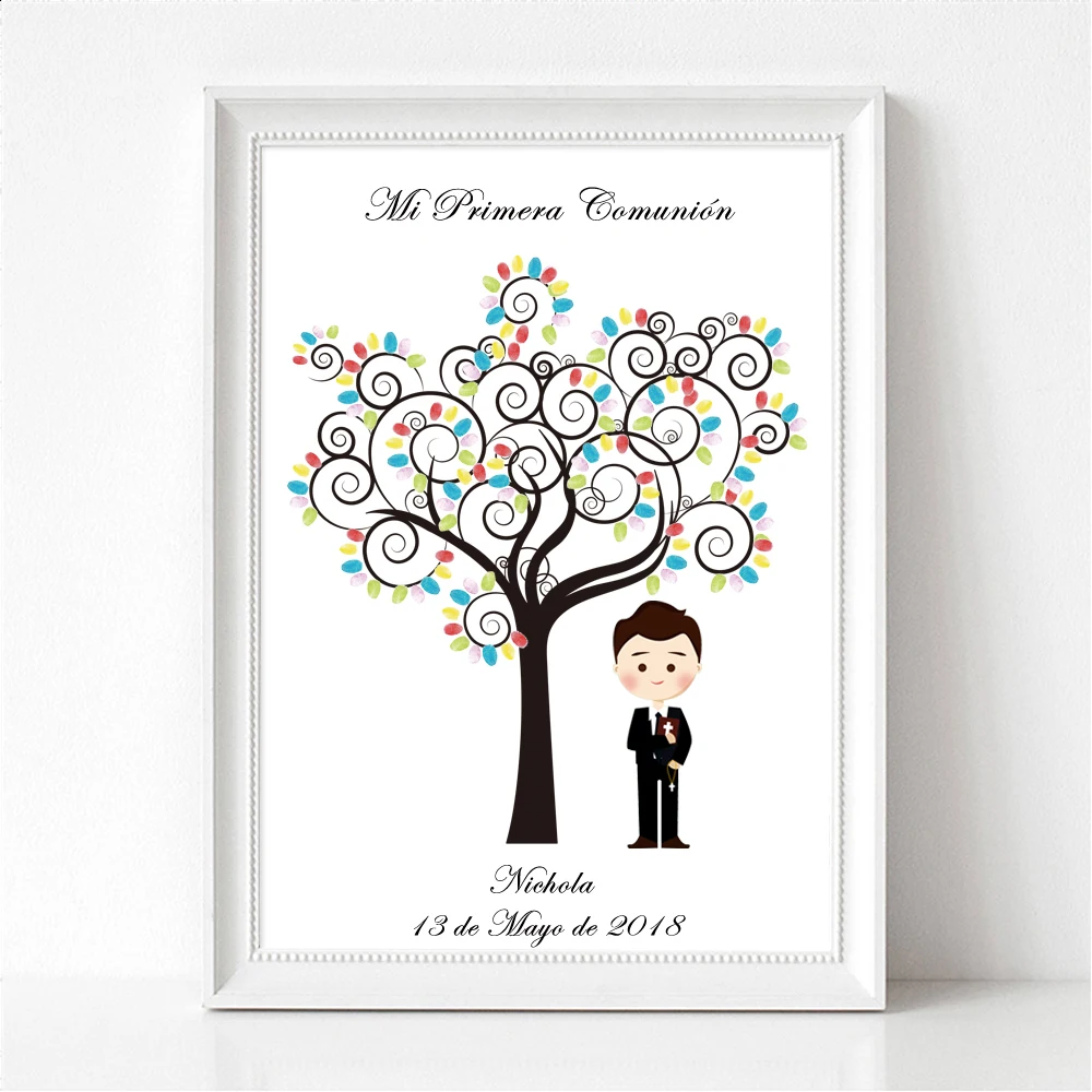 

Customize Name Date Place of Boy's First Communion Gift Souvenir of Baptism Christening Fingerprint Tree Canvas Art Print & Ink