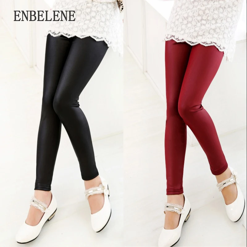 

2018 spring baby girls thin faux leather leggings for children black navy blue red kids imitation leather pants FE353