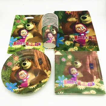 

51pcs/lot Masha And Bear Theme design Kids favor Girl Birthday party Paper Cup Plate Napkin Candy Gift Bag Tablecloth Supplies