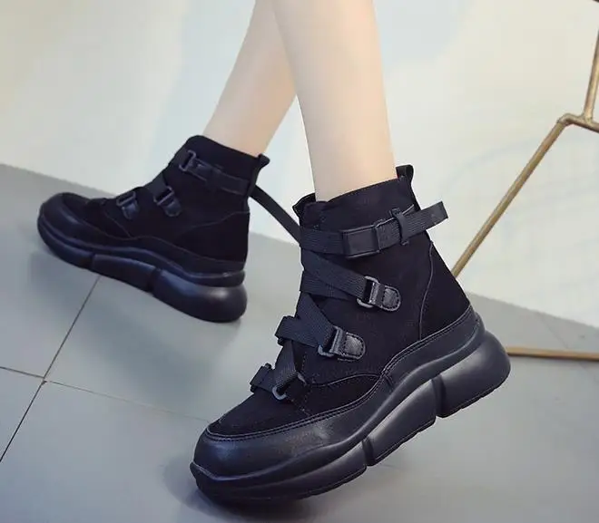 Демисезонные ботильоны женские ботинки на платформе обувь на высоком каблуке из искусственной кожи черного цвета на резиновой подошве с пряжкой удобная женская обувь