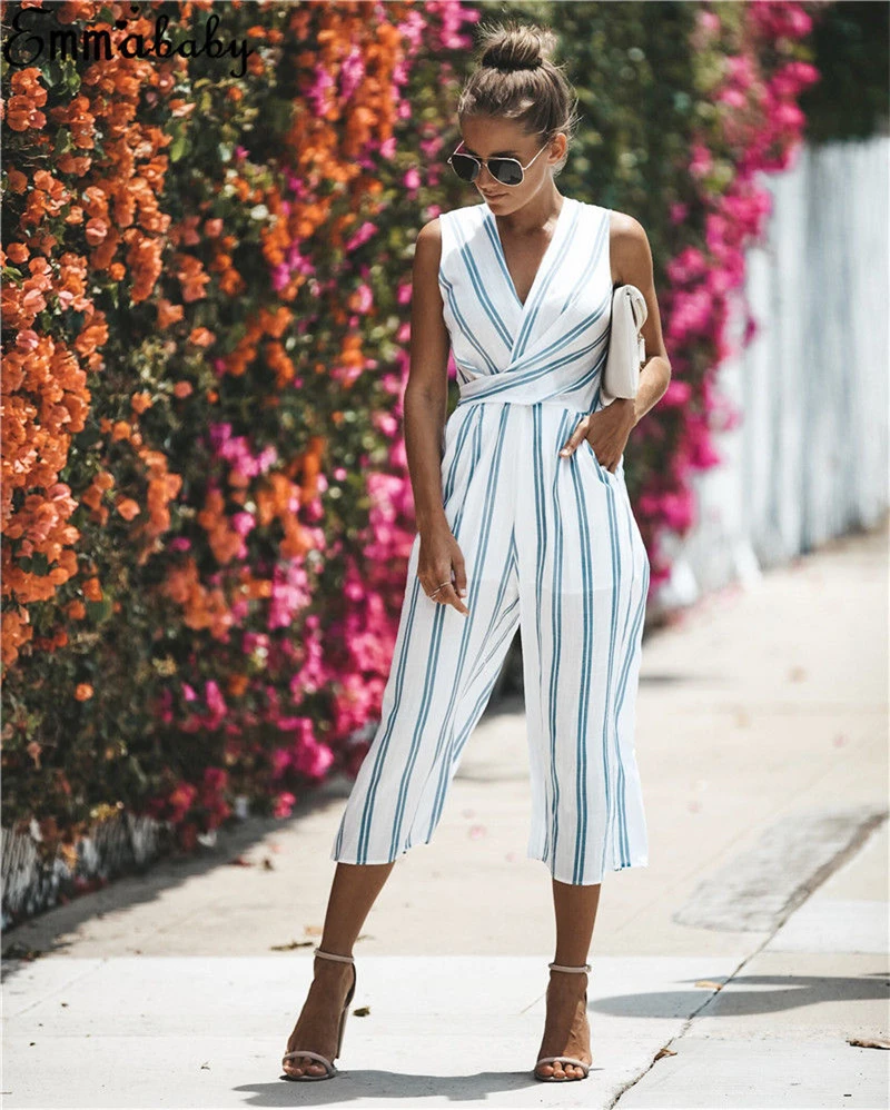 New Arrival Women Casual Jumpsuit Sleeveless Deep V Neck