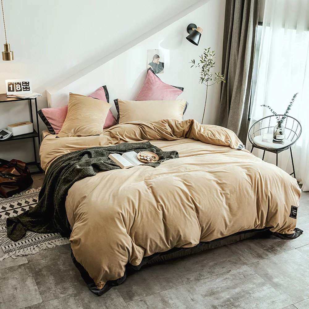 

2018 Light Tan Soft Flannel Bedding Linens Microfiber Fleece Duvet Cover Set Winter Thick Warm Queen King Size Bedding Set