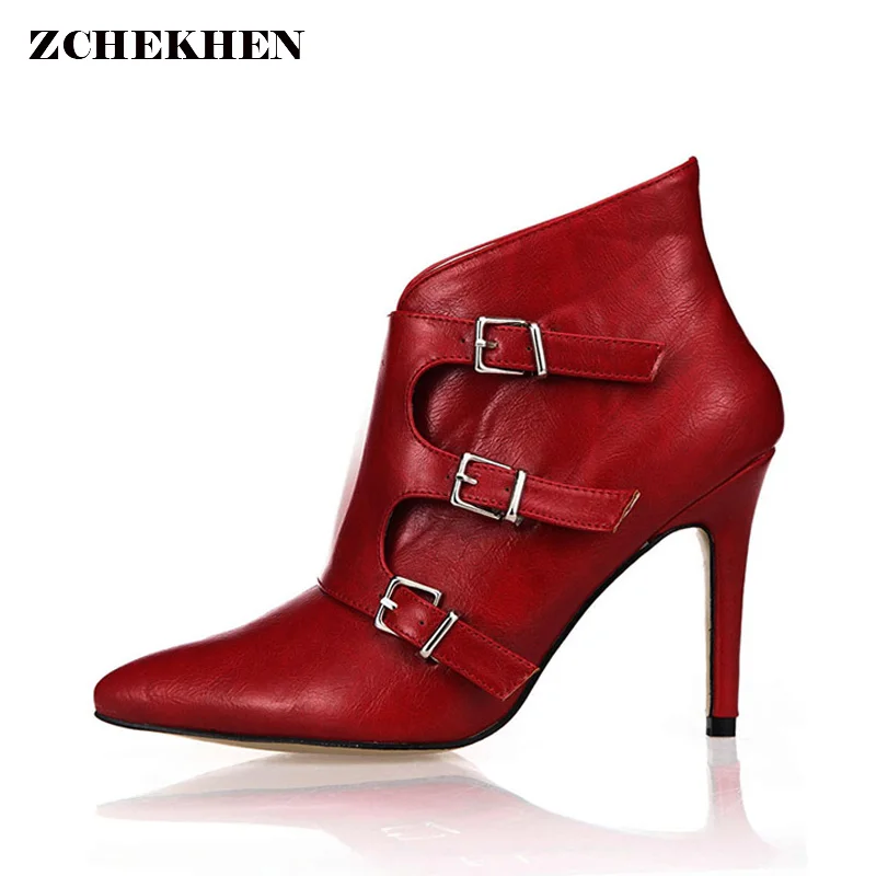 2018 red Leather ankle Boots Fashion Motorcycle short Boots Women High