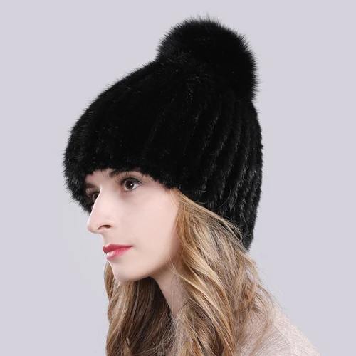 Lovely Real Mink Fur Hat Women Winter Knitted Real Mink Fur Beanies Hats With Fox Fur Pom Poms New Thick Real Mink Fur Cap - Color: black