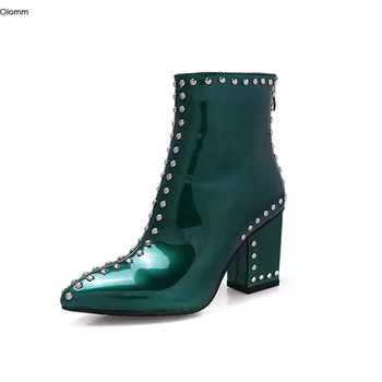 

Olomm Fashion Women Shiny Ankle Boots Square High Heels Boots Pointed Toe Black Wine Red Green Party Women Shoes US Size 3-9.5