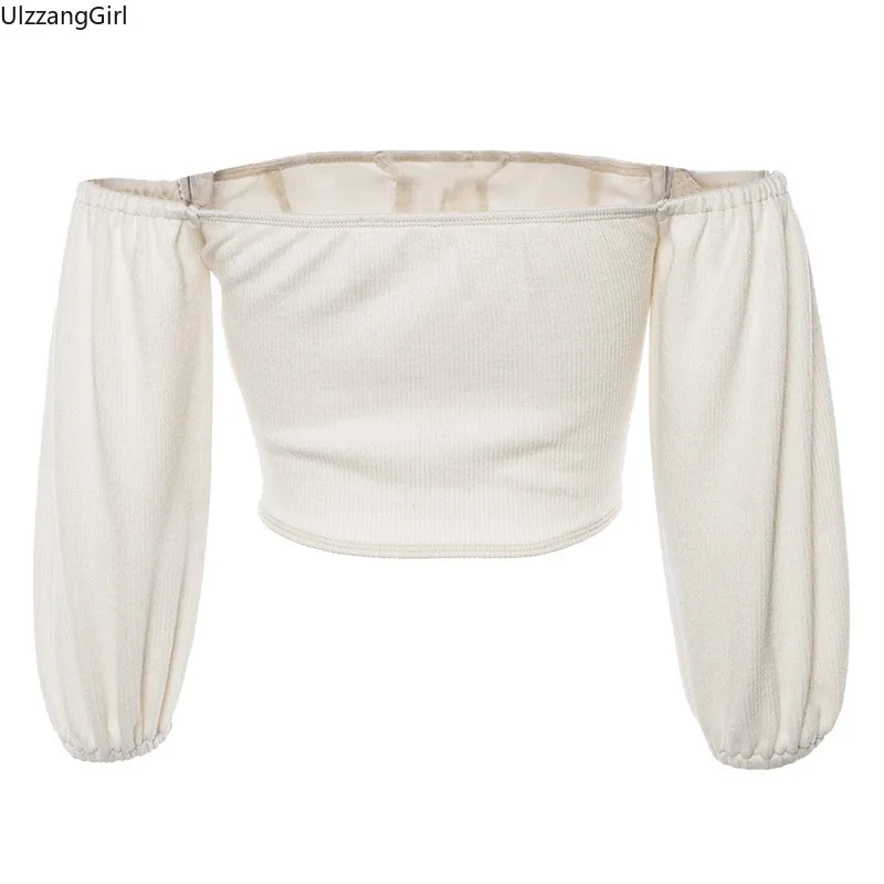 Women Ladies Sexy Knit Single Breasted Button Elegant Long Sleeve Off Shoulder Slash Crop Top Short Tee T Shirt T-Shirt Blusas
