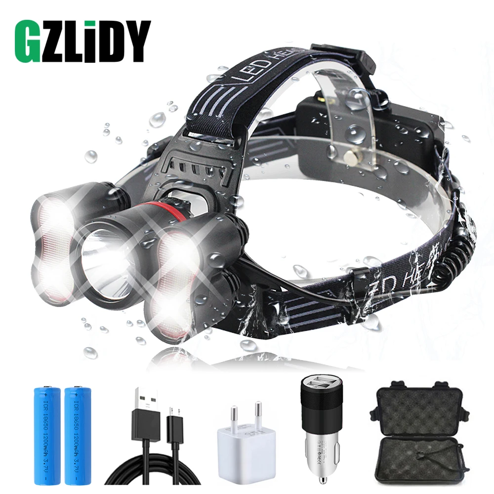 

5 LEDS super bright LED headlamp 10000 lumens led headlighr 4 switch modes fishing lamp Waterproof headlight +2x 18650 batteries