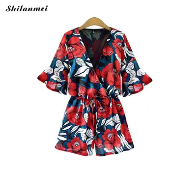 

2018 Summer Chiffon Bohemian Romper Plus Size Vintage Floral Print Bodysuit Summer Boho Women'S Summer Overalls 5xl 4xl 3xl