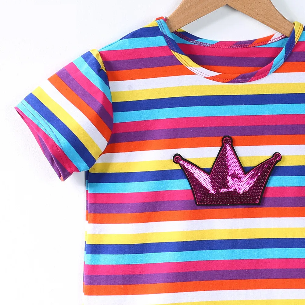  Scsech Children's Summer Rainbow Striped T-Shirt Crown Short Sleeve Cotton Round Neck Baby Boys& Girls Clothes Kids SHR19 (6)