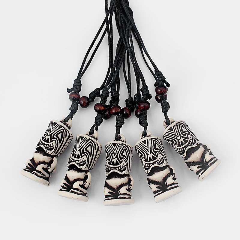 

12pcs Black Wax Cotton Cord White 3D Tiki Man Pendant Necklace 21x44mm