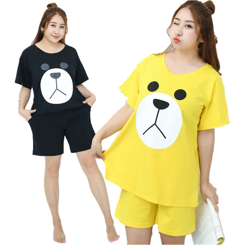 

2017 plus size XL-3XL summer new women's Sets O-Neck short sleeves cartoon pattern tops Elastic Waist shorts