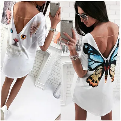 

Women Tshirt Dress 2019 Summer Dresses T Shirt V Back Top Tee Short Sleeve Casual Sexy Cat butterfly print Summer Beach Wear