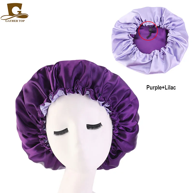 New Reversible Satin Bonnet double layer adjustable size Sleep Night Cap Head Cover Bonnet Hat for For Curly Springy Hair Black ladies head wraps Hair Accessories