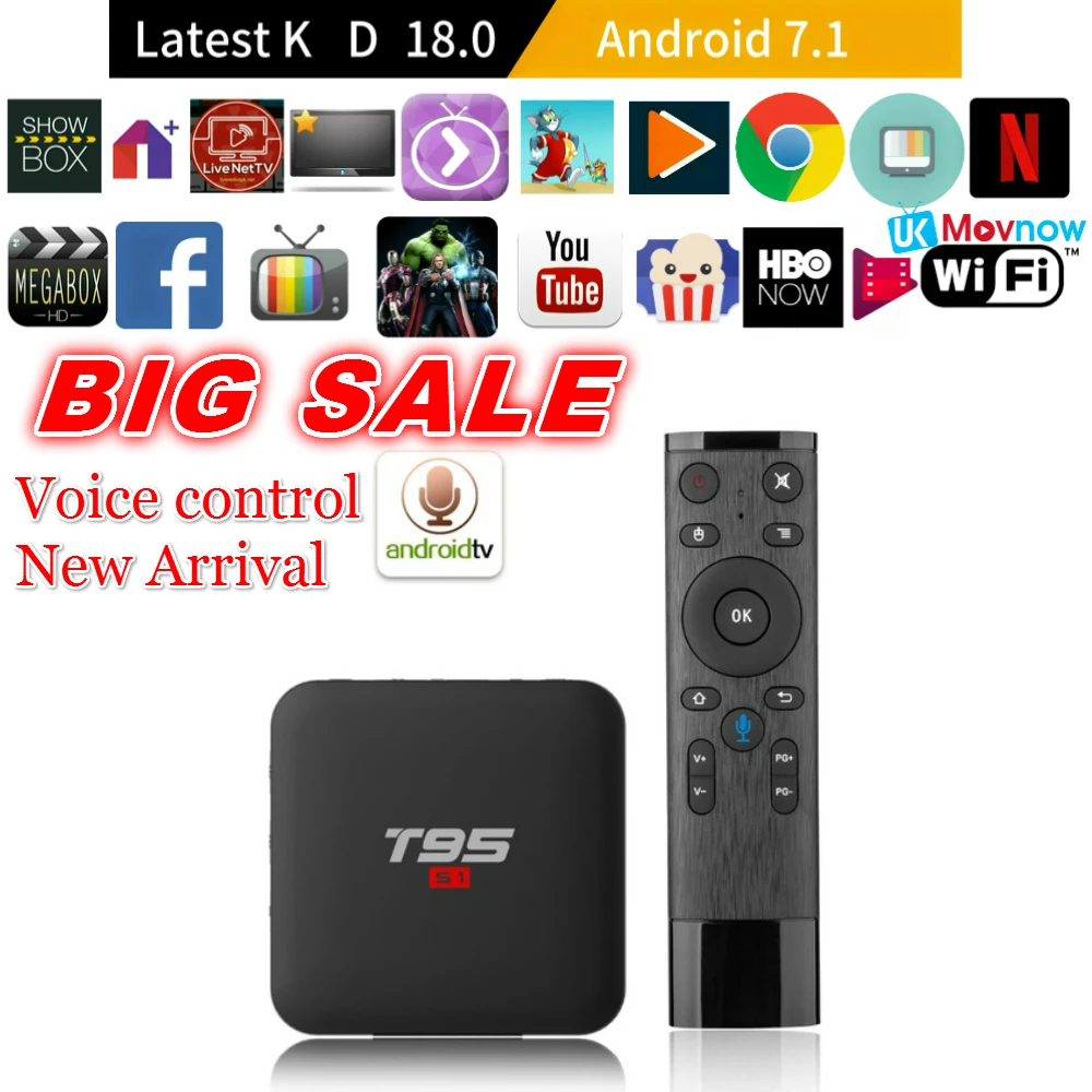 

New T95 S1 Android TV Box OS Android 7.1 Voice Control Remote 2GB 16GB Amlogic S905W Quad Core 2.4GHz WiFi 4K Smart Media Player