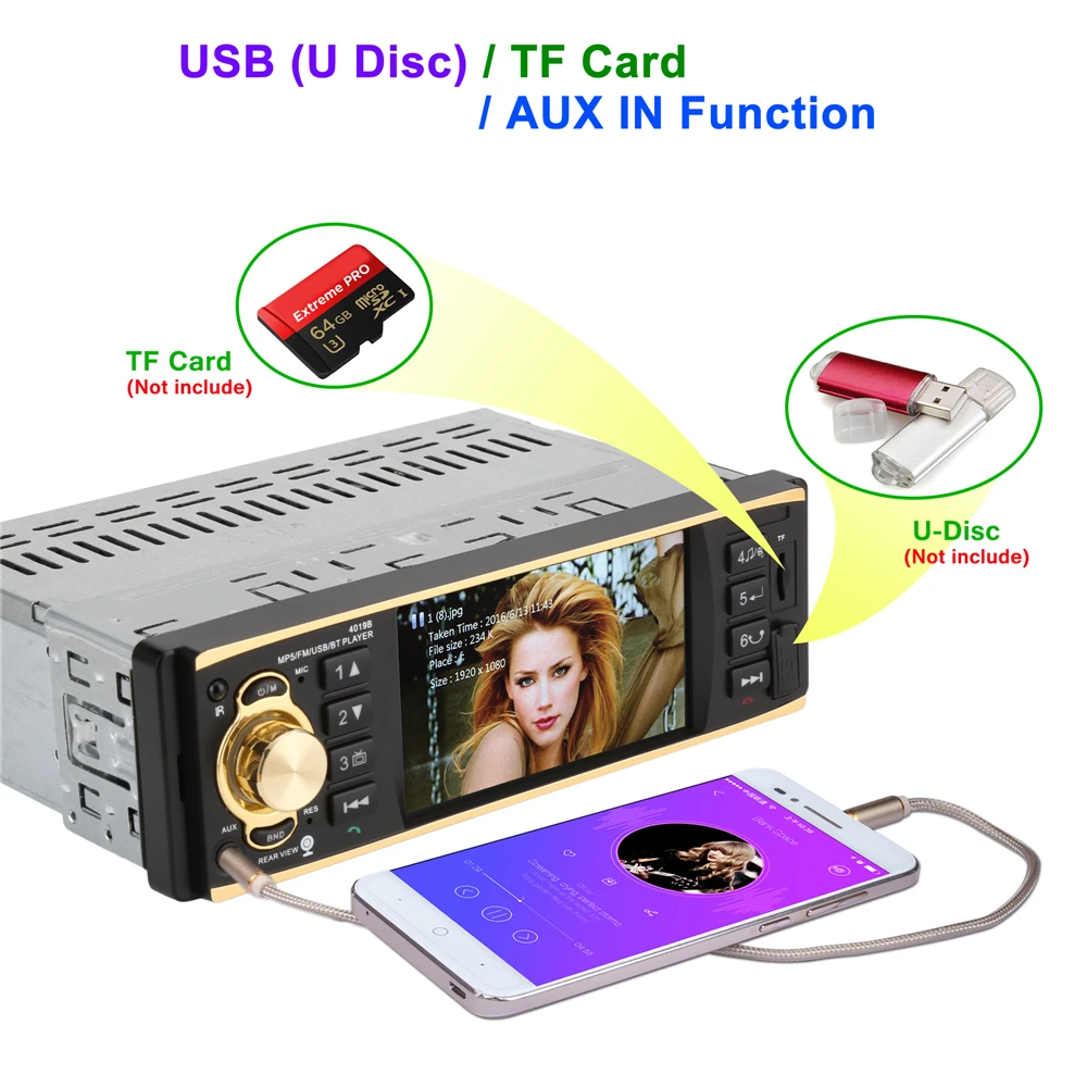 1 Din Car Radio 4.1 Inch Stereo Player MP3 MP5 Car Audio Player Bluetooth Steering Wheel Remote Control USB AUX FM