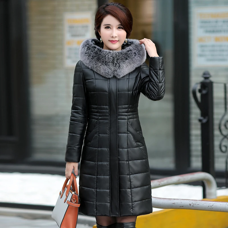 

Long Leather jacket Women Big Fur collar Hooded Winter Parka Thick Warm leather Coat plus size Down Cotton Women Overcoat 8XL