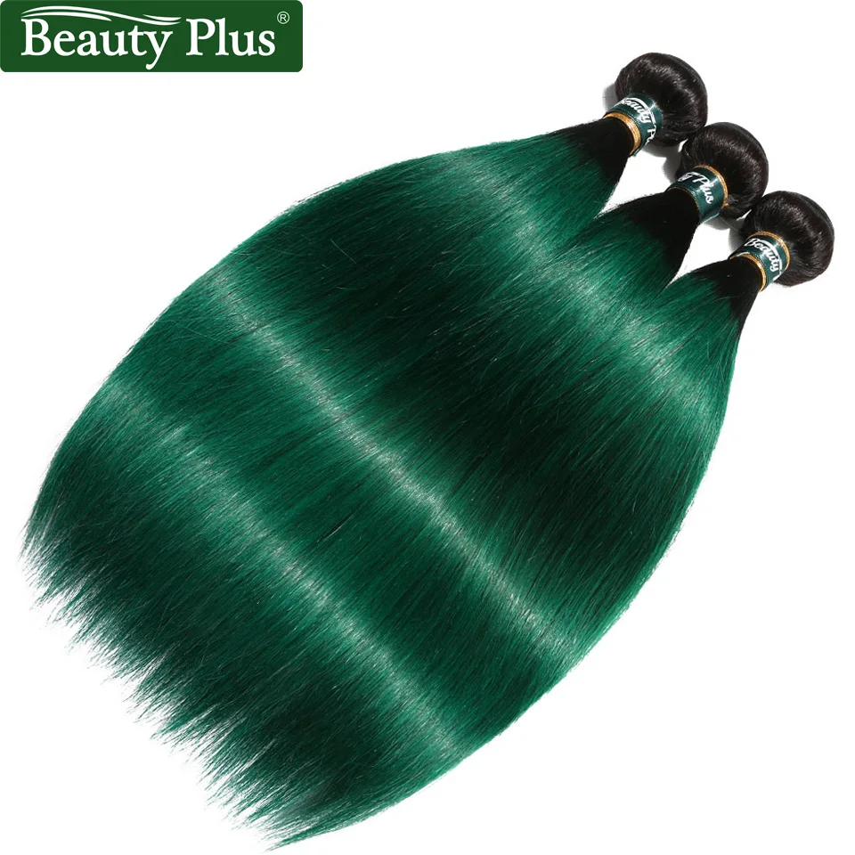 

Ombre 1B Green Brazilian Hair Weave Bundles 3 Pieces Straight Human Hair Extensions Pre-Colored Two Tones Dark Roots Non Remy