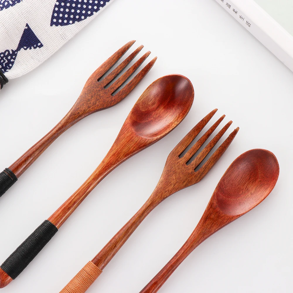 

1PC/1Set Portable Handmade Wooden Spoon Fork Tableware Tea Scoops Desserts Fruits Serving Travel Dinnerware Cutlery Kit