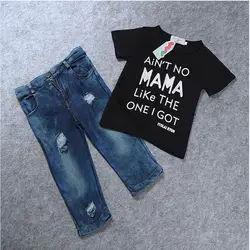 Милая летняя одежда для маленьких мальчиков черные футболки с короткими рукавами и джинсовые леггинсы Летняя одежда для маленьких