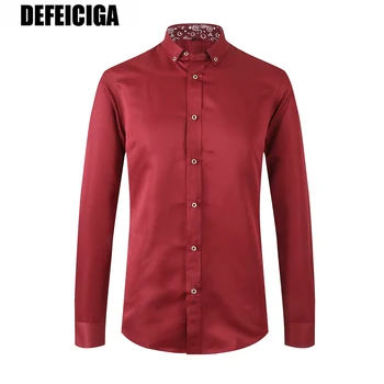 

2019 DEFEICIGA Brand Men Dress Shirt Long Sleeve Casual Slim Fit Man Shirts High Quality Solid Business Red Shirt Male 049