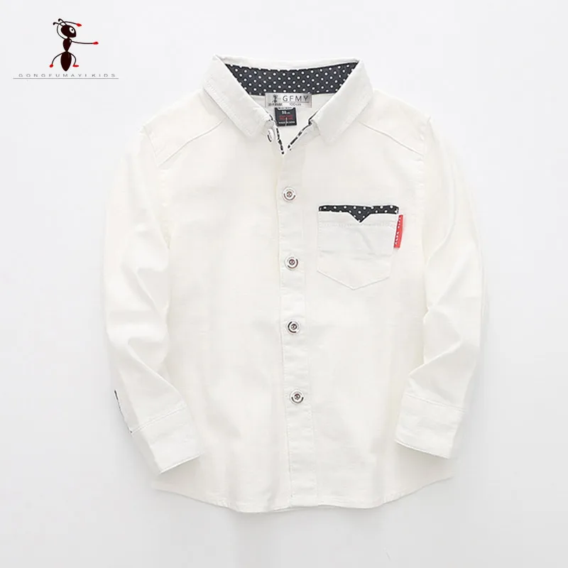 

2019 Kung Fu Ant Solid Boys Shirts Cotton European Style Blue Pink White School Shirt Casual Full Turn-down Collar Baby Shirt
