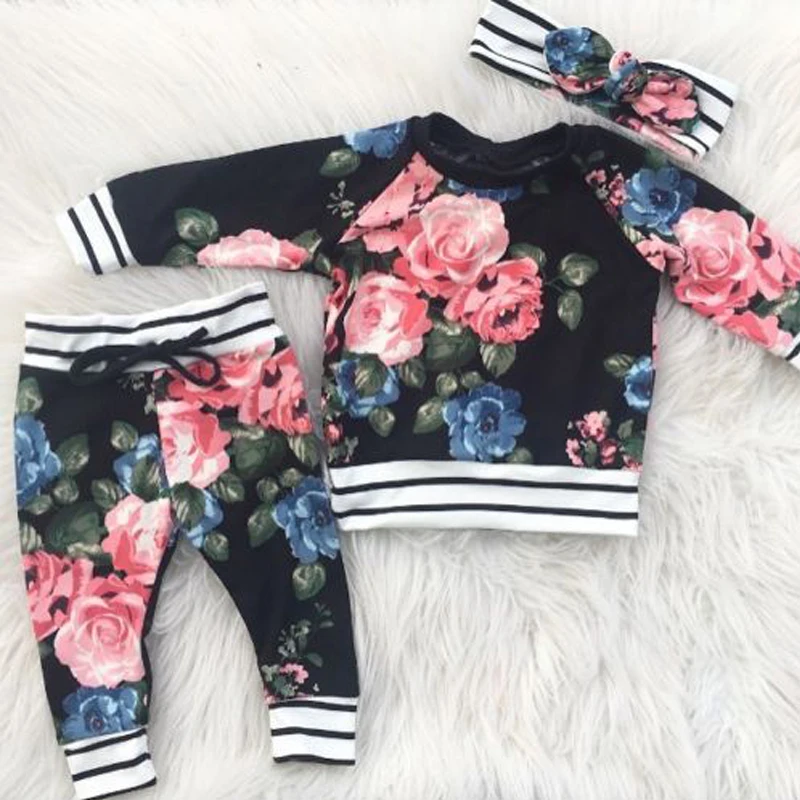 Комплект одежды с цветочным принтом для новорожденных девочек из 3 предметов, топы, футболка, штаны, леггинсы