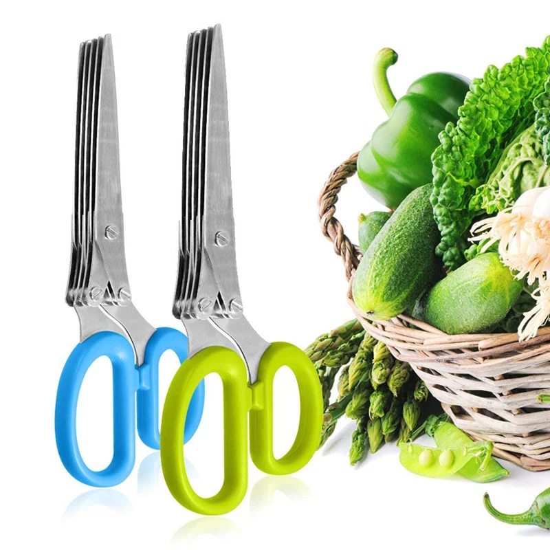 Multi-functional 5 Layer Herb Scissors Stainless Steel Scallion Scissors Kitchen Shears Knives Cutter Mincer Cooking Utensils (1)