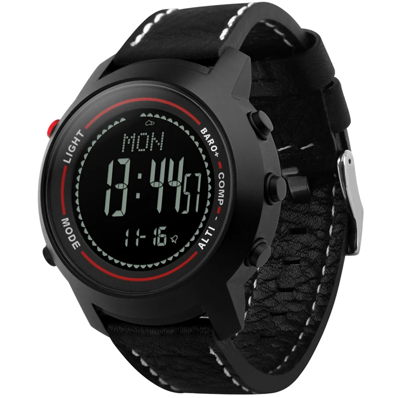 Мужские модные многофункциональные спортивные часы альпинист, альтиметр, барометр, натуральная кожа, светодиодный ремешок, цифровые наручные часы Relogio - Цвет: AllBlack