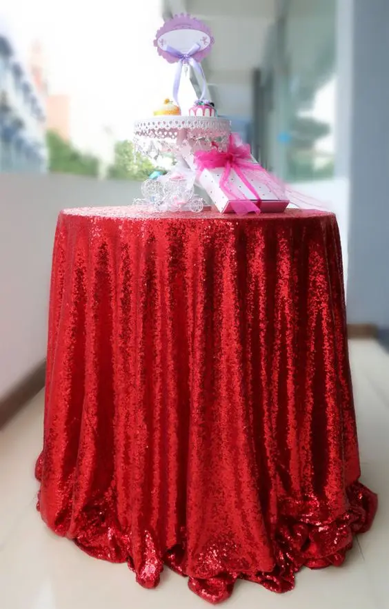 

High Quality Sparkly Embrodiery Mesh Lace Sequin Fabric Tablecloth 120inch Round Sequin Table Cloth Red for Wedding Decoration