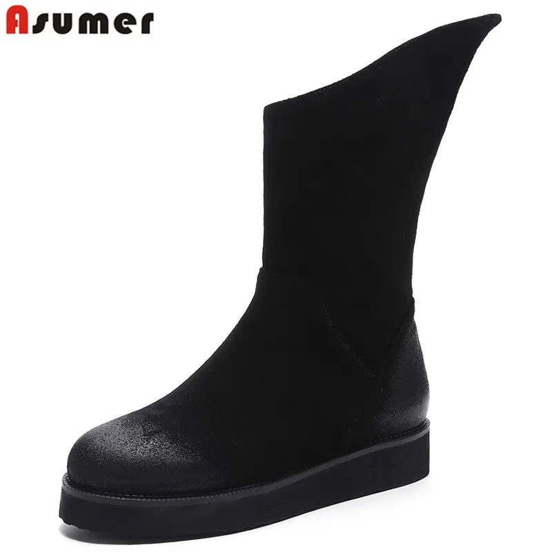 Kopen ASUMER 2018 nieuwe hoge kwaliteit koe leer snowboots vrouwen ronde neus zwart winter enkellaars voor vrouwen platform dames schoenen