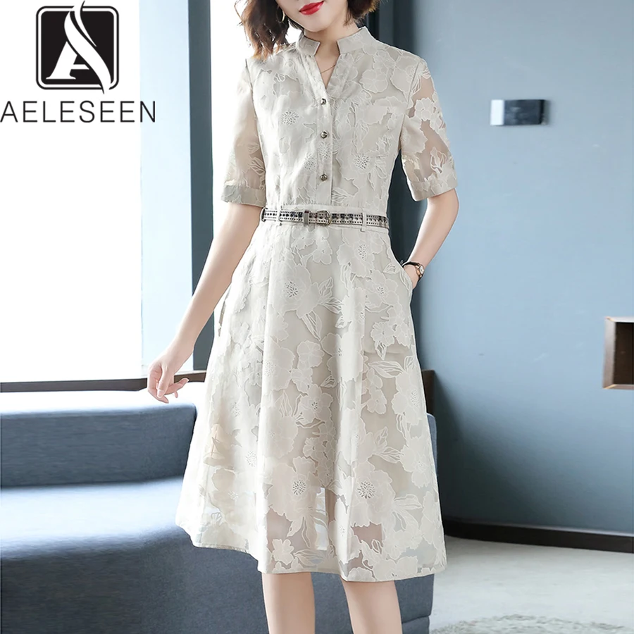 

AELESEEN Office Lady Midi Dresses Women 2019 Summer Luxury Translucent Floral Casual Wearing European A-Line Dress With Sashes