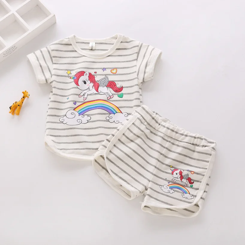 2019 Girls Cartoon Rainbow Unicorn Clothing Sets Children's Striped Short Sleeve T-Shirt + Shorts  Kid Set  Girls Clothes