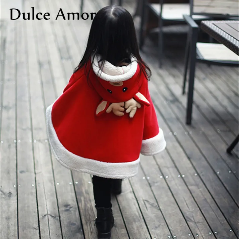 Dulce Amor/Рождественская накидка для девочек; детское зимнее пальто; Рождественская верхняя одежда с капюшоном и рисунком оленя; Детский Теплый маскарадный плащ