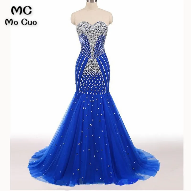 

2018 Luxuries Royer Blue Mermaid Prom Dresses Long with Crystals Beaded Tulle Formal Evening Party Dress for Women
