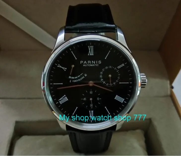 

PARNIS 40mm black dial Automatic Self-Wind movement power reserve men's watch Auto Date Mechanical watches wholesale 325a