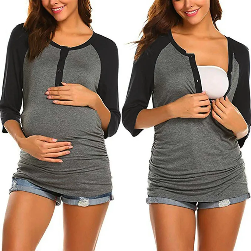 

Maternity Breastfeeding Shirts Cotton Long Sleeve Blouses Tops Clothes for Pregnant Womens Patch-work Nursing Clothings